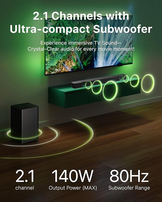 Philips B4500 2.1 Channel Soundbar with Wireless Subwoofer - Bluetooth, HDMI ARC, Roku TV Ready, 140W Max Power, Black