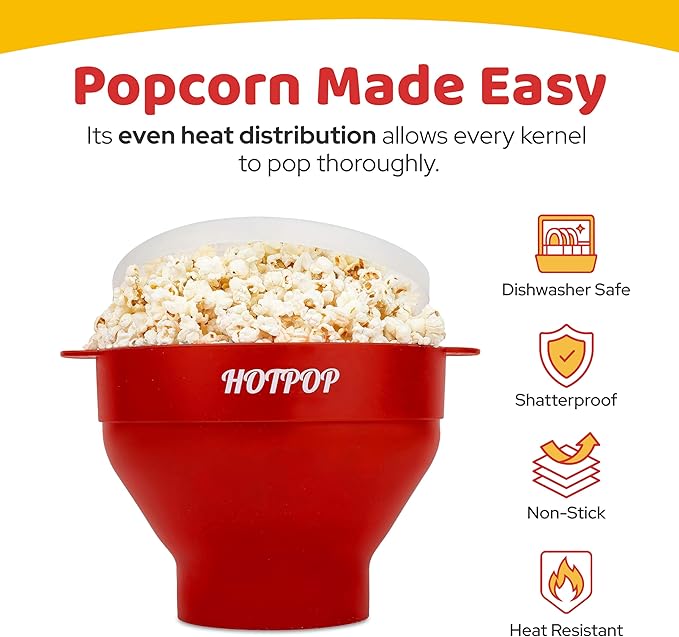 The Original HotPop Silicone Popcorn Maker - Microwave Popcorn Popper - Collapsible Bowl, Heat-Resistant, Easy to Clean, Ideal for Family Movie Nights, 15-Cup Capacity - Cherry