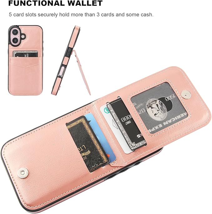 KIHUWEY Compatible with iPhone 16 Case Wallet with Credit Card Holder, Flip Premium Leather Magnetic Clasp Kickstand Heavy Duty Protective Cover for iPhone 16 6.1 Inch (Rose Gold)