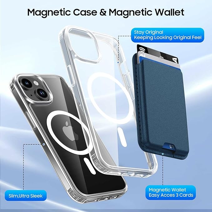 Magnetic for iPhone 14 Plus Case & iPhone 14 Plus Case Clear with Blue Detachable Wallet, Compatible with MagSafe, Military Protective Slim Phone Cover with Card Holder