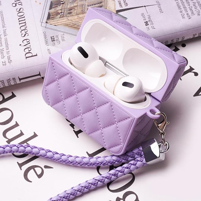 Earphone Case for AirPods Pro, Elegant Classical Diamond PU Leather Surface Earphone Case Soft Silicone Case, AirPods Pro Cover Protective Case Skin Protector for Earbuds +Lanyard-Green