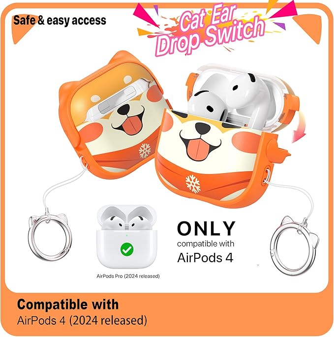 RFUNGUANGO AirPods 4 Case for Women Girly Cat Case with Lock, Phone Stand, Keychain & Cleaner Kit, Compatible with Apple Airpods 4th Generation Case Cover, Orange Cute Dog
