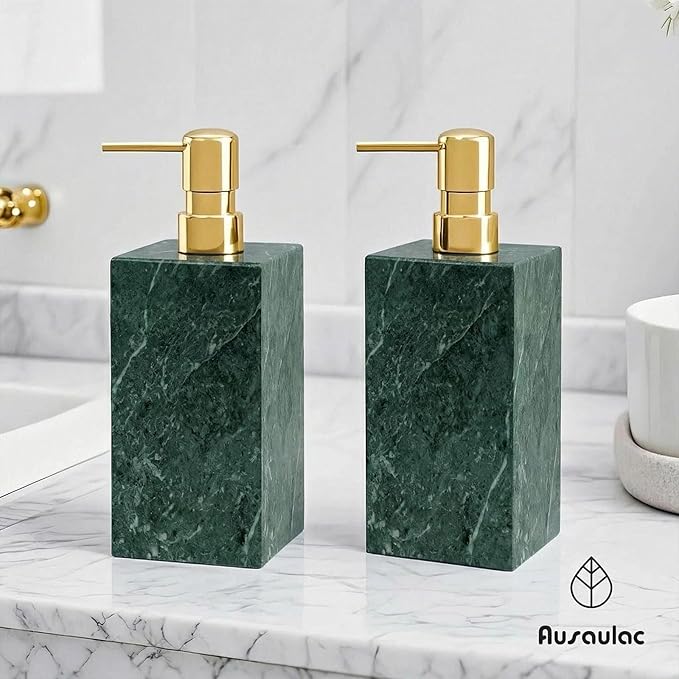 2 Set Real Natural Marble Soap Dispenser with Stainless Steel Pump – Decorative Liquid Hand Soap Bottle for Kitchen & Bathroom, Compatible with Lotion, Dish Soap & Shower Gel (Green)