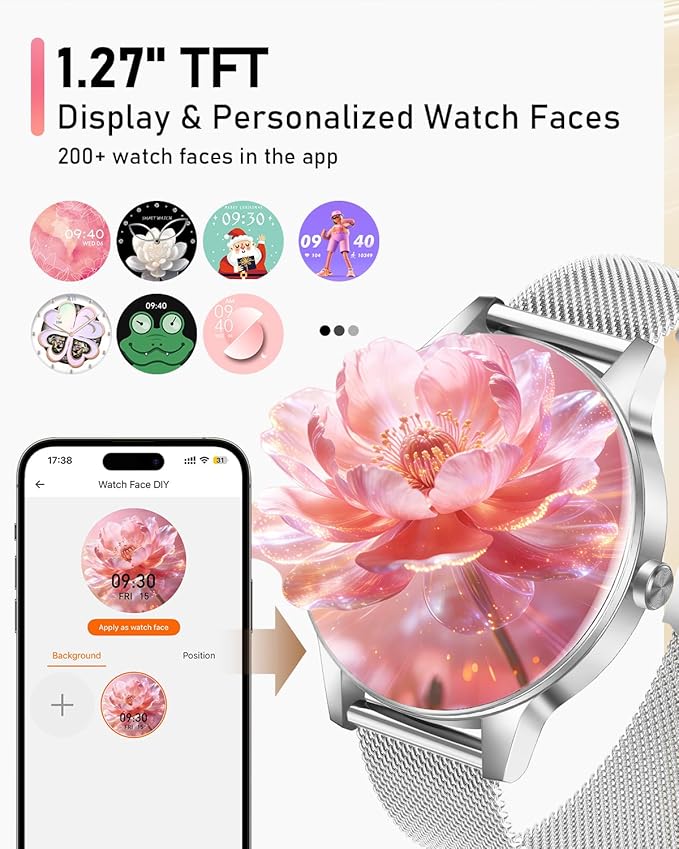 Smart Watch for Women, Answer/Make Call,1.27'' Touchscreen, 120+ Sports Modes Fitness Tracker, 24H Heart Rate/SpO2/Sleep/Menstrual Cycle/IP68 Fitness Watch for Android iOS, 4 Straps (Silver)