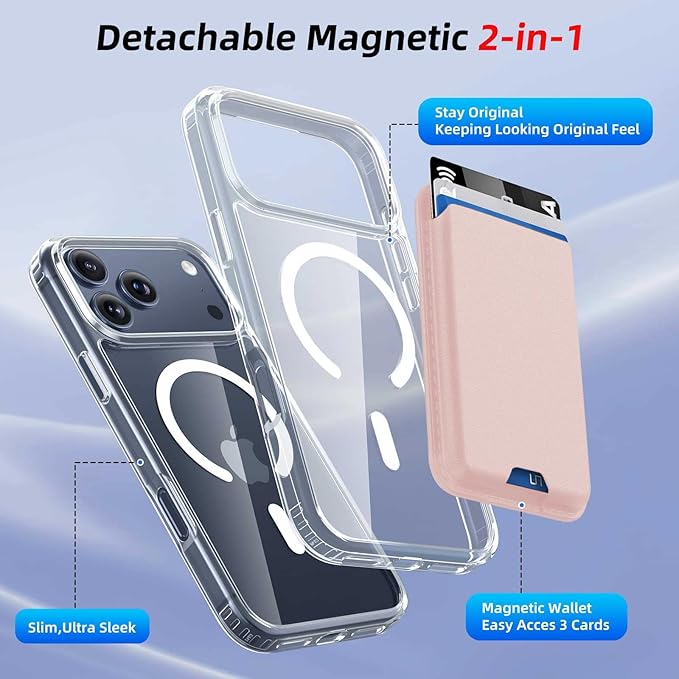 Magnetic for iPhone 17 Pro Max Clear Case with Pink Detachable Wallet, Compatible with MagSafe, Credit Card Holder with Slim Shockproof Protective Phone Cover