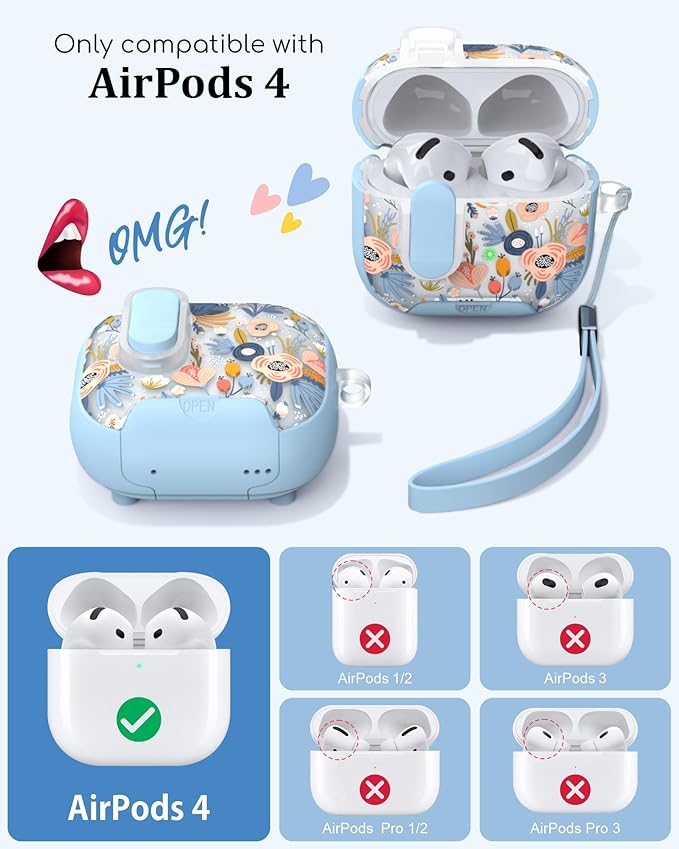 TATOFY for AirPods 4th Generation Case with Phone Stand Lanyard Lock Cleaning Kit, Compatible with Magsafe, Flowers Hard AirPod 4 Cover for Women (Blue, AirPods 4th)