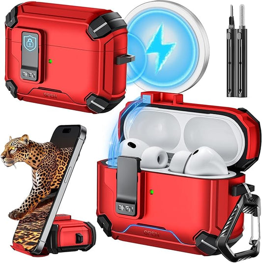 Inesore for AirPods Pro 3 Case (2025) with Phone Stand & Cleaning Kit,Compatible with Magsafe,Magnetic Automatic Lock Cover for AirPods Pro 3rd Generation, Red