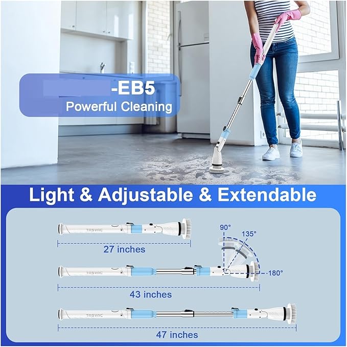 Compatible with TASVAC Electric Spin Scrubber,Cordless Cleaning Brush with 5 Replaceable Heads, Powerful Scrubbing for Bathroom, Tub, Tile, Floor, Kitchen(Blue,US)