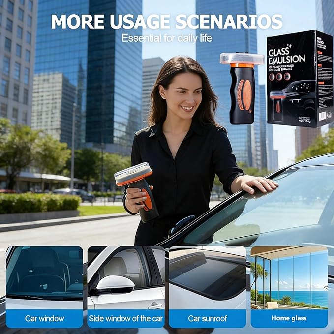 【2PCS】Glass Guard, Glass Oil Film Remover for Car, Glassy Emulsion Cleaner Roll-On Glass Compound with Cleaning Board, Removes Oil Film & Smudges, Improve Windshield Clarity for Safe Driving (100ml*2)