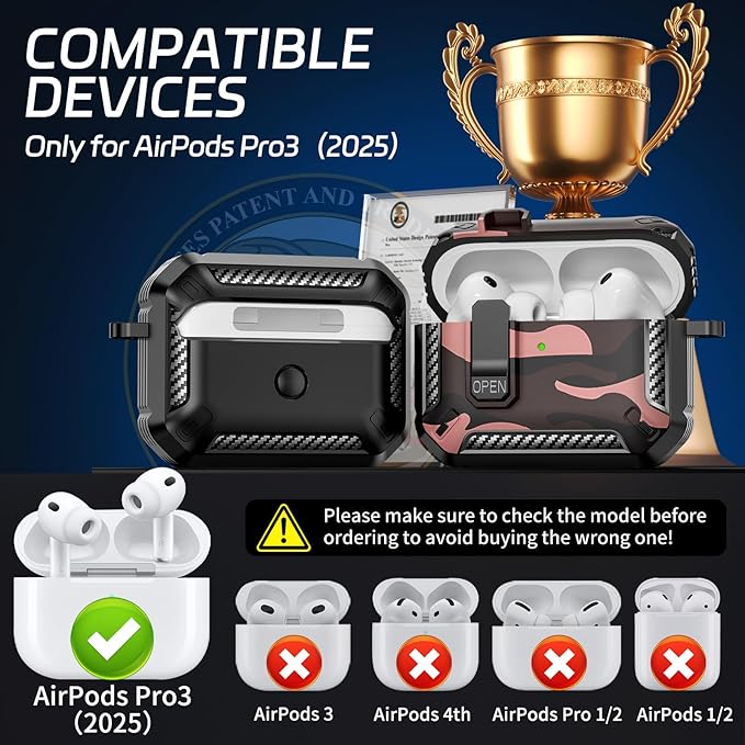 for AirPods Pro 3 Case (2025 New), Secure Lock Cases Cover with Cleaning Kit & Keychain Compatible with Airpods Pro 3rd Generation Case for Men Women, Powerful Drop Protection
