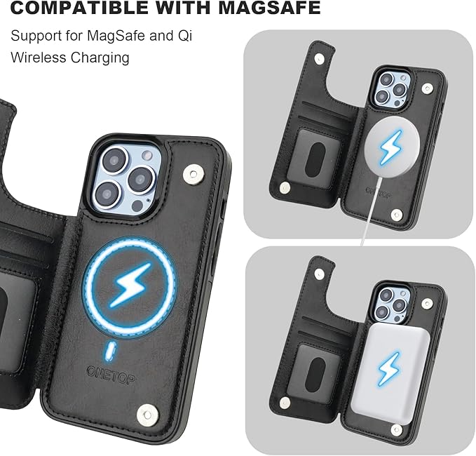 ONETOP Compatible with Magsafe for iPhone 13 Pro Wallet Case with Card Holder, PU Leather Kickstand RFID Blocking Case, Double Magnetic Clasp and Durable Shockproof Cover 6.1 Inch (Black)