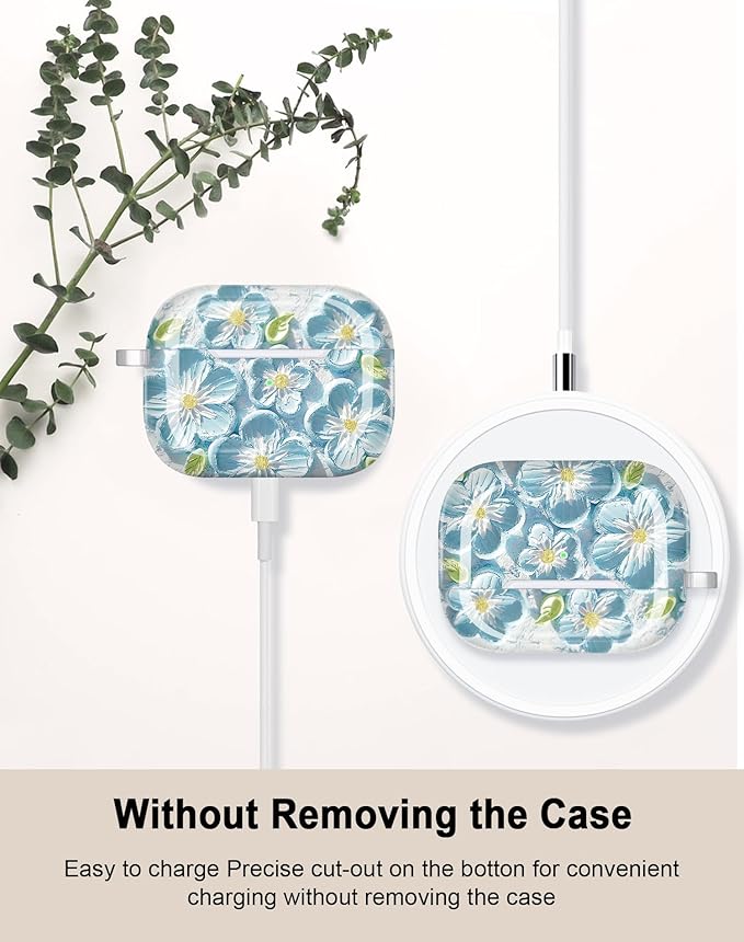 JIAXIUFEN Compatible with AirPods Pro 2 Gen/1 Gen Case Cover Retro Oil Painting Printed Flower Protective TPU Skin Accessories for Women Girl Mint Blue