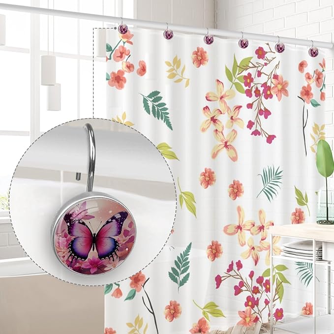 12 Packs Butterfly and Pink Floral Shower Curtain Hooks, Stainless Steel Glass Shower Curtain Rings for Bathroom Decor, Metal Rustproof Curtain Rod Hooks