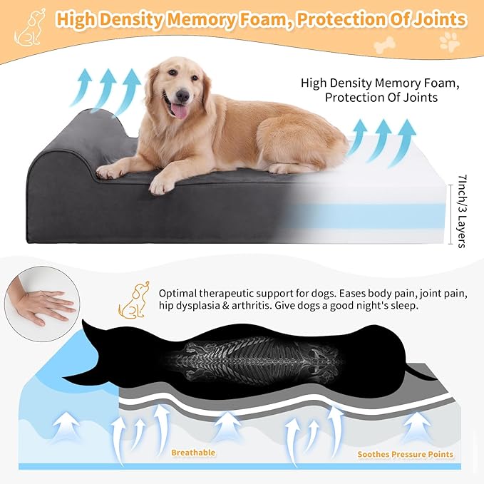 Orthopedic Dog Beds for Large Dogs, 7" Memory Foam Dog Beds with Waterproof Liner, Chew Proof Microsuede Cover, Removable and Washable, Nonskid Bottom, 48"x30"x7" L Grey