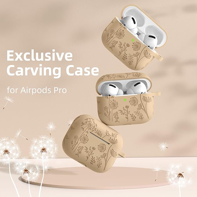 Lerobo for AirPods Pro 2nd/1st Gen Silicone Skin Cover - Cute, Flower Engraved, Full Protective Case Compatible with Apple AirPod Pro/Pro 2 - Front LED Visible, Milk Tea