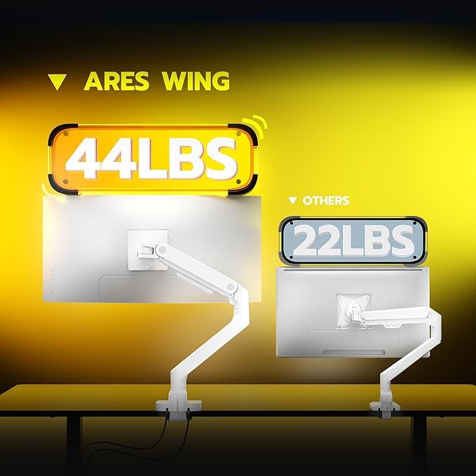 ARES WING Ultrawide Monitor Arm White with USB A/C, Heavy Duty Monitor Arm for 17 to 49 inch Screen, Holds 44 lbs, Adjustable Gas Spring Arm Desk Mount with Clamp and Grommet Base