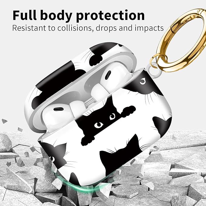Compatible with Airpod pro 2nd/1st Generation Case Cover with Gold Round Keychain Cute Pattern Hard & Anti Slip Cover for Men Women & Girls（Black cat）