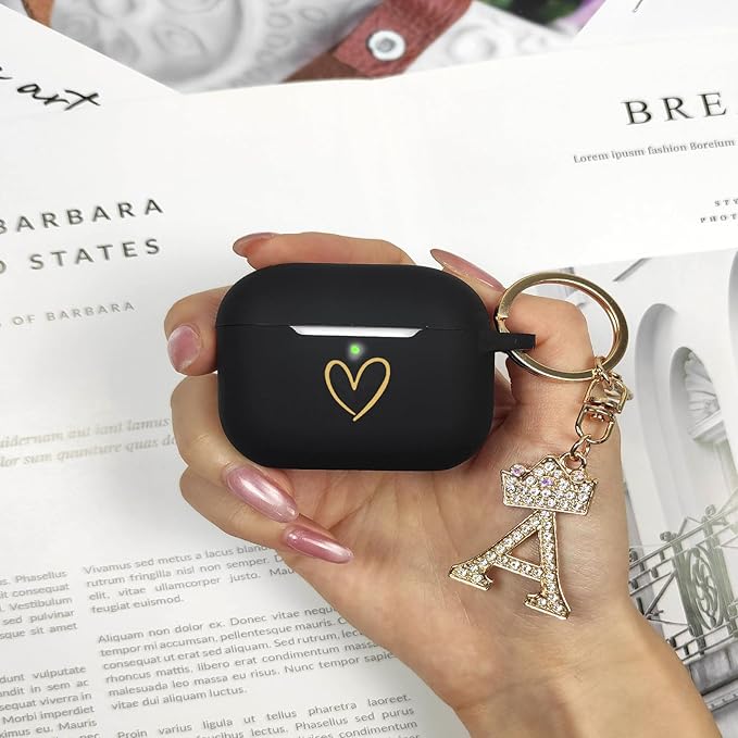 Compatible with AirPods Pro 3 Case Cover (2025), Soft Silicone Case with Gold Heart Pattern for AirPods Pro 3rd Generation Case with Rhinestone Studded Letter A-Z Keychain (A Black)
