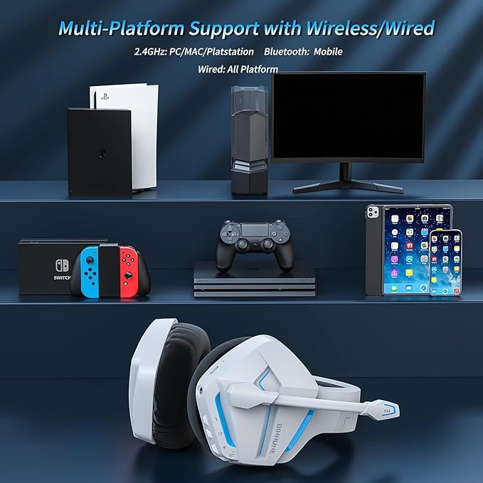BINNUNE Wireless Gaming Headset for PS5 PC, 120H Ultra-Long Battery, 2.4GHz & Bluetooth 5.3 Wireless Headphones with Noise Canceling Mic, 50mm Drivers, Comfort Over Ear Gaming Headphones,White