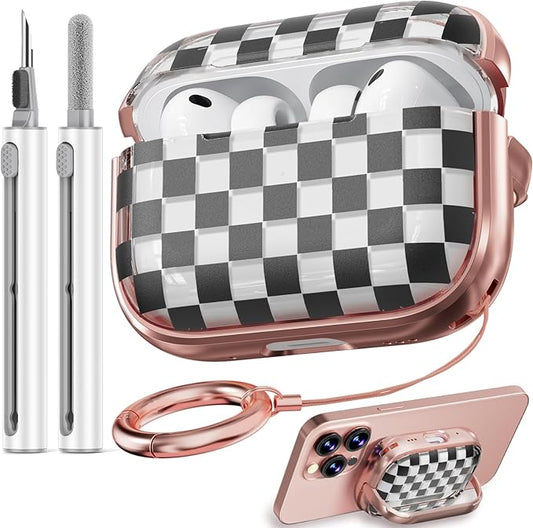 Inesore for AirPods Pro 3 Case 2025 with Lock, for Women Girly Floral Cute Case Compatible with Apple Airpods Pro 3rd Generation Cover, with Phone Stand,Keychain & Cleaner Kit- Checkerboard