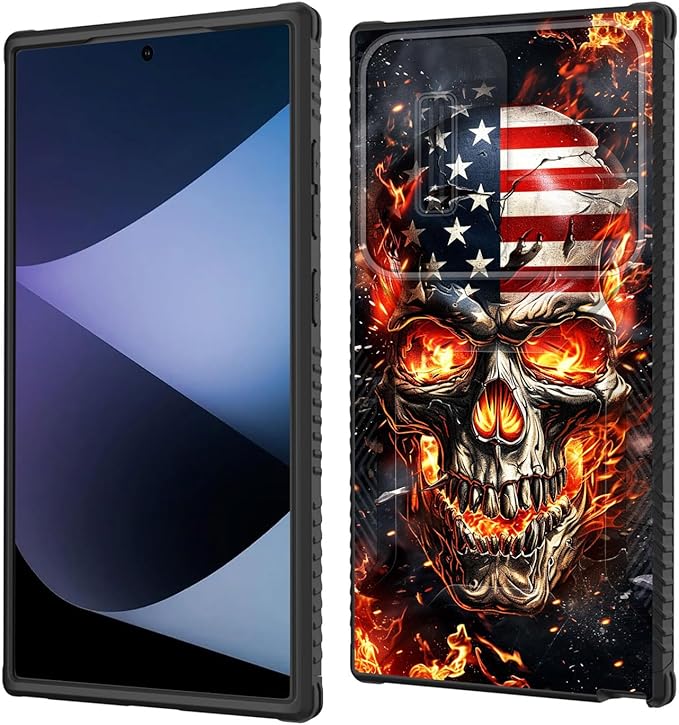 for Galaxy S24 Ultra Case Built in Slide Camera Lens Cover,Heavy Duty Shockproof Protection Dual Layer Case for Samsung Galaxy S24 Ultra 6.8" 2024,American Flag Flame Skull