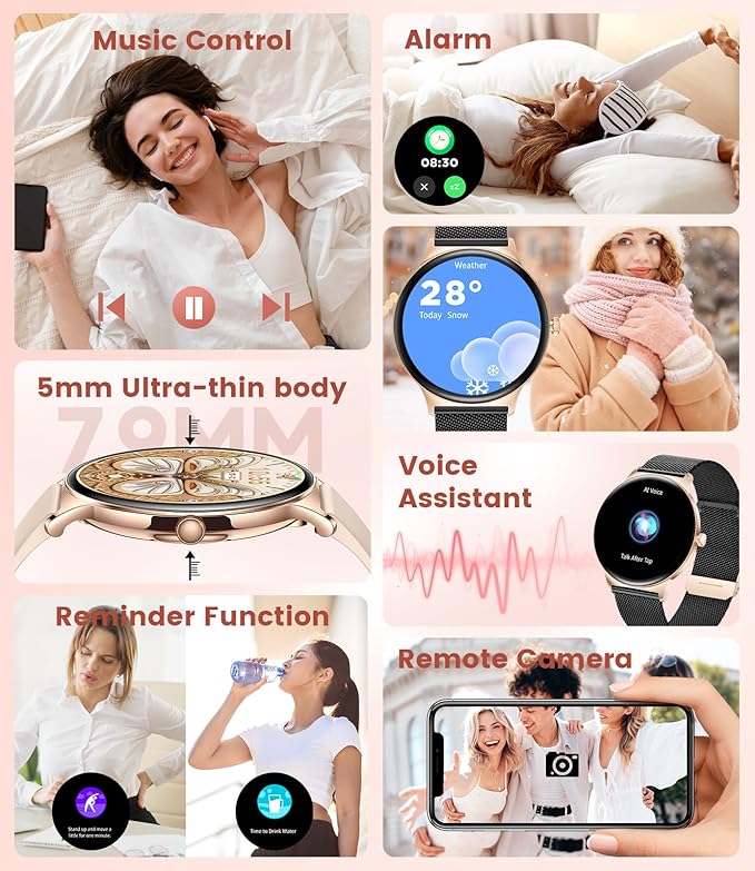 Smart Watches for Women, 1.43" AMOLED Screen Bluetooth Call Smartwatch, 120+ Sports Modes Fitness Tracker, Blood Oxygen Heart Rate Sleep Monitor for Android iOS Black Gold 2026