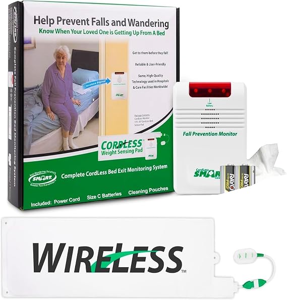 Smart Caregiver Wireless Bed Alarm System - Cordless Weight Sensing Bed Alarm Pad (10” x 30”) with Remote Alert Monitor, Free Individual Cleaning Wipes and Liberty 7 Day Pill Box