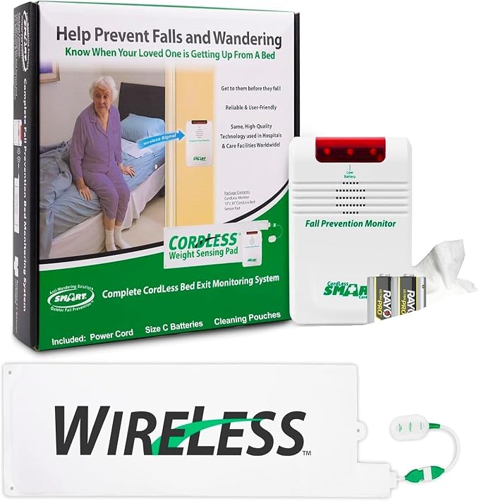 Smart Caregiver Wireless Bed Alarm System - Cordless Weight Sensing Bed Alarm Pad (10” x 30”) with Remote Alert Monitor, Free Individual Cleaning Wipes and Liberty 7 Day Pill Box