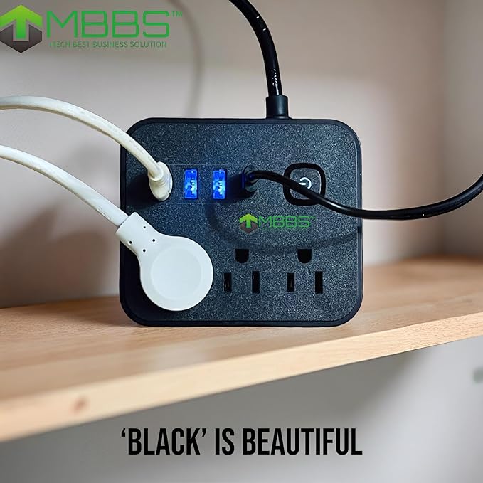 5ft Surge Protector Power Strip with USB C, 1200J Protection, Heavy Duty Extension Cord – (7-in-1) 3 AC Outlets, 4 USB Ports, LED On/Off Switch – Compact & Travel Friendly – Home, Office (Black)