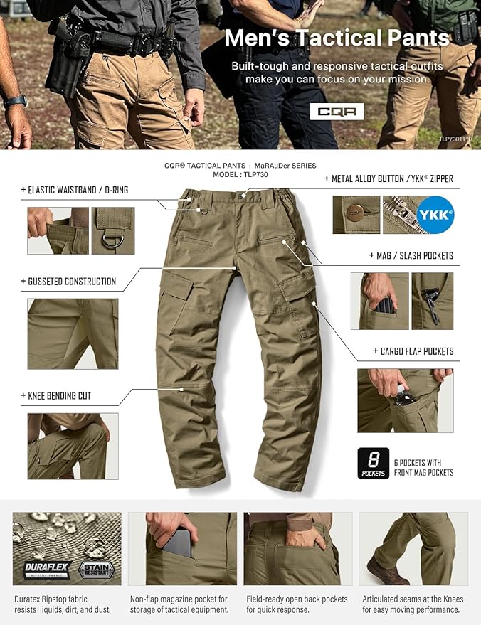 CQR Men's Flex Ripstop Tactical Pants, Water Resistant Stretch Cargo Pants, Lightweight EDC Hiking Work Pants