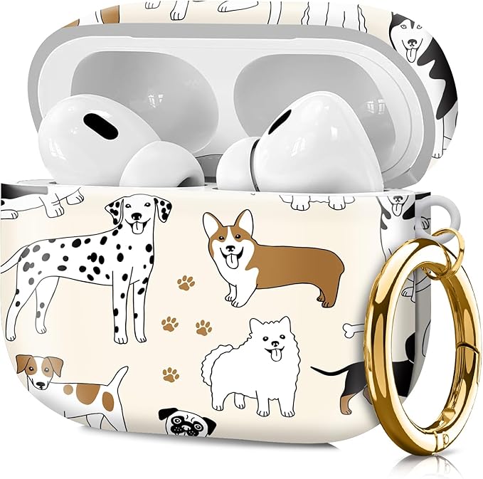 Compatible with Airpod pro 2nd/1st Generation Case Cover with Gold Round Keychain Cute Pattern Hard & Anti Slip Cover for Men Women & Girls（Various Dogs）
