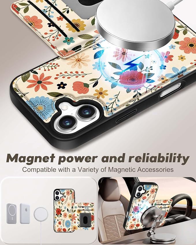 for iPhone 16 Plus Case with Wallet - Fits 4 Card Slots, Compatible with MagSafe for Women Aesthetic Durable PU Leather Credit Card Holder Kickstand Phone Cover for Apple 16 Plus, Beige Flower