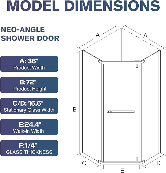 Neo-Angle Frameless Shower Door, 36" D x 36" W x 72" H Corner Shower Enclosure, 1/4" ANSI Tempered Glass with Explosion-Proof Film Nano Coating, Stainless Hardware, Shower Base Not Included