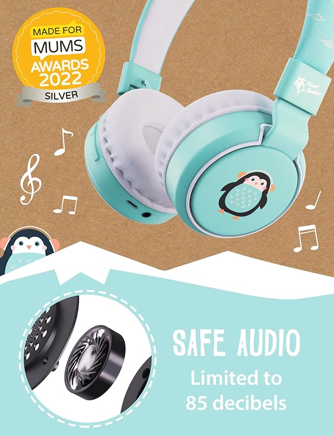 Planet Buddies Penguin Kids Headphones Wireless, On Ear Bluetooth Headphones for Kids with Microphone, 85dB Volume Limiter, Cute Foldable Earphones for Tablets and Phones, Travel, School & Music