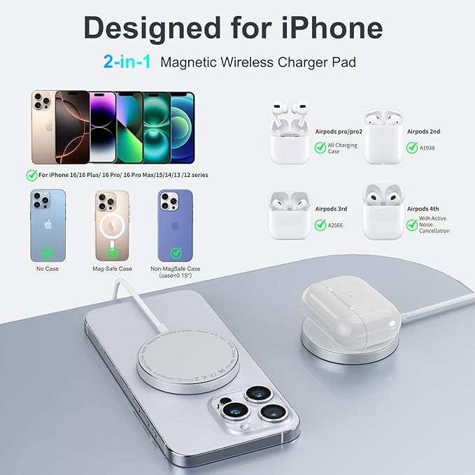 Wireless Charger- Qi2 Wireless Charger iPhone,15W iPhone Charger Pad, Magnetic Charger for iPhone 17/16/15/14/13/12 Series for Desk, Nightstand, Travel