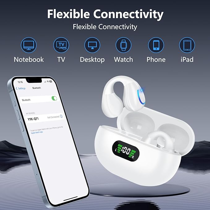 Open Ear Bone Conduction Headphones Bluetooth 5.3 Wireless Open Clip Ear Earbuds Built-in Mic with Ear Hooks 60 Hours Playtime Sport Earphones IPX7 Waterproof for Fitness Running Walking White