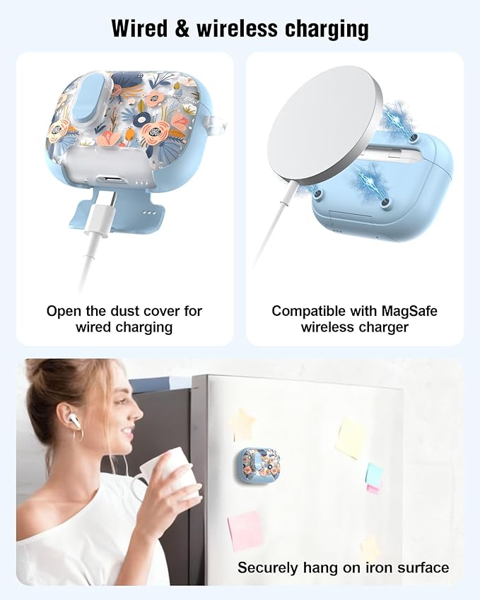 TATOFY for AirPod Pro 3 Case (2025) with Phone Stand Lanyard Lock Cleaning Kit, Compatible with Magsafe, Flowers Hard AirPods Pro 3rd Generation Cover for Women (Blue, AirPods Pro 3)