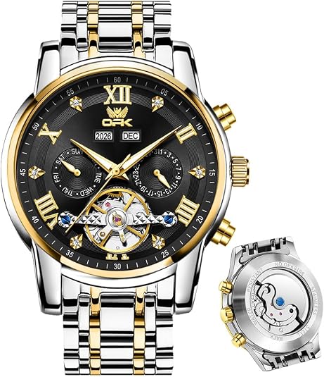 OPK Automatic Watches for Men Mechanical Tourbillon Calendar Stainless Steel Self Winding Mens Wrist Watch Waterproof Luminous Luxury Dress Male Watches
