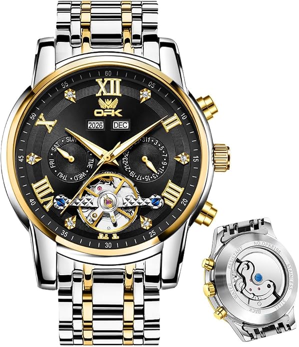 OPK Automatic Watches for Men Mechanical Tourbillon Calendar Stainless Steel Self Winding Mens Wrist Watch Waterproof Luminous Luxury Dress Male Watches