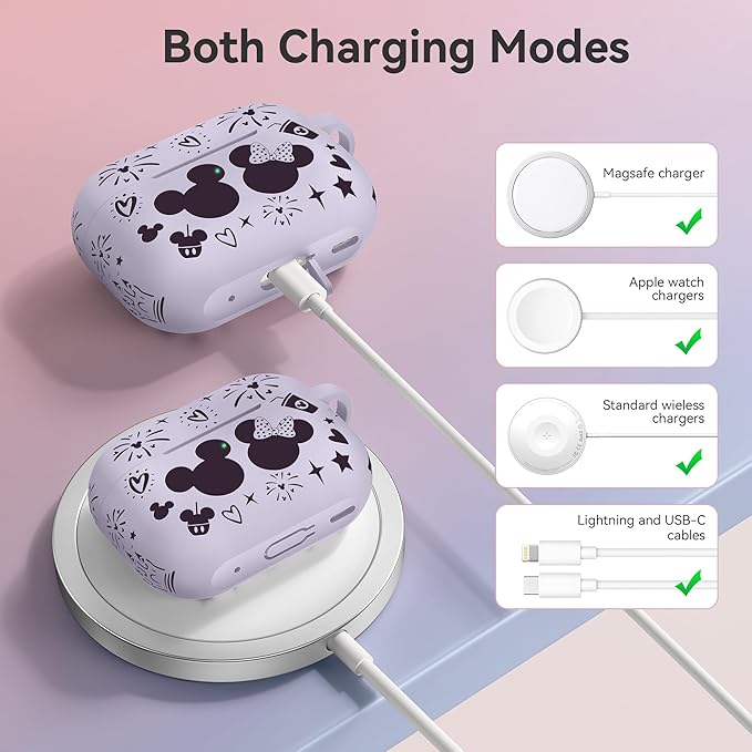 Compatible with Airpods Pro 2nd/1st Generation Case Cover with Keychain, Women Men Soft Silicone Two-Tone Cute Cartoon Engraved Convenience Protective Case, Front LED Visible Lavender/Purple