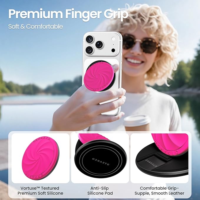 ORNARTO Vortuxe for MagSafe Phone Grip with Kickstand, Soft Liquid Silicone Finger Loop Grip, Phone Ring Holder for Back of Phone, Premium Build & Comfy Touch, Hot Pink