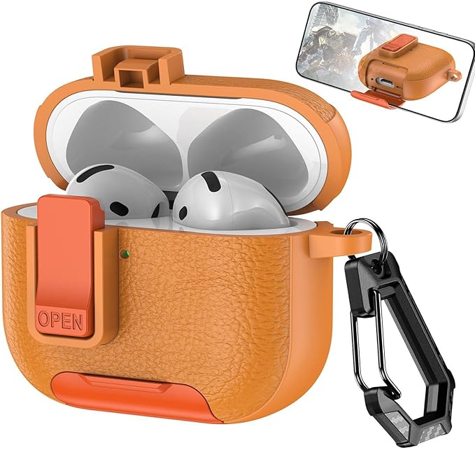 for Leather AirPods Pro 3 Case 2025| Cute Air Pods Pro 3 Case with Lock(Model A2700/A2931) | with Phone Holder & Keychain | iPod Pro 3 Cases for Man Women(Orange)