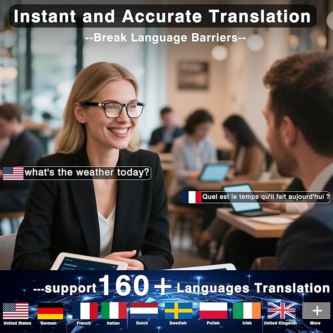 Ai Smart Glasses with Chat GPT, Bluetooth Glasses for Men Women with 160+ Language & Accents, Translation Glasses Color-Change Lens, Smart Eyewear for Gaming Meeting Travel Trade Business, (Black)