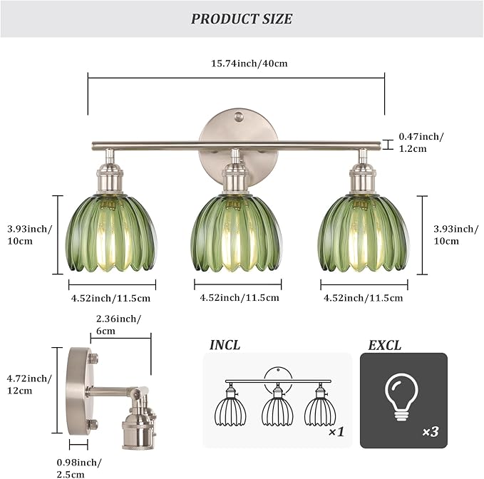 Bathroom Light Fixtures, 3-Light Vanity Wall Light Over Mirror with Green Tulip Glass Shade for Bedroom Living Room (Bulb Not Included), Satin Nickel