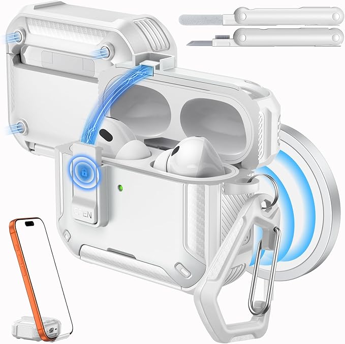 MoKo for AirPods Pro 3 Case with Lock 2025 - Compatible with MagSafe, Phone Stand & Auto Pop-up for AirPods Pro 3rd Generation Case, Military-Grade Protective Cover with Cleaner Kit, White