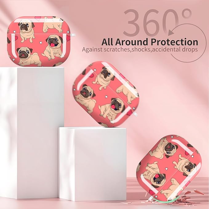 Compatible with AirPods Pro 3 Case 2025 for Women Girls – Cute Shockproof Protective Cover with Gold Round Buckle, Anti-Drop Soft Case for AirPod Pro 3rd Gen (Animated Pug Dog Red Heart)
