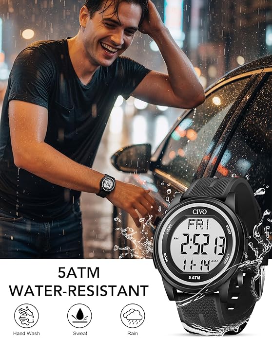 CIVO Digital Watches for Men Women: Sports Waterproof Wristwatch with Stopwatch Alarm Date - LED Backlight Big Numbers Silicone Watch for Outdoor Camping Running Cycling