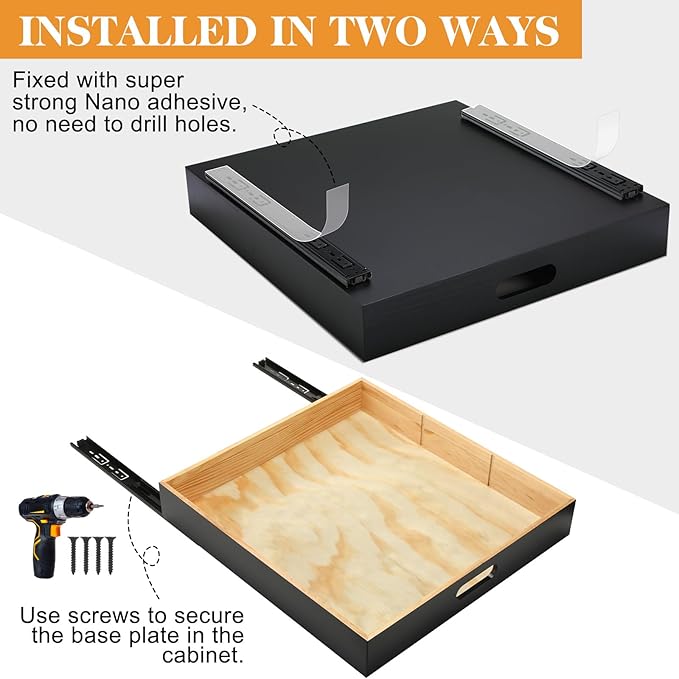 2 PCS Wood Pull Out Cabinet Organizers with Removable Dividers, 20''W x 21''D Nail-free Wood Sliding Drawers with Adhesive Tape, Roll Out Shelves for Kitchen, Pantry, Office (Black)
