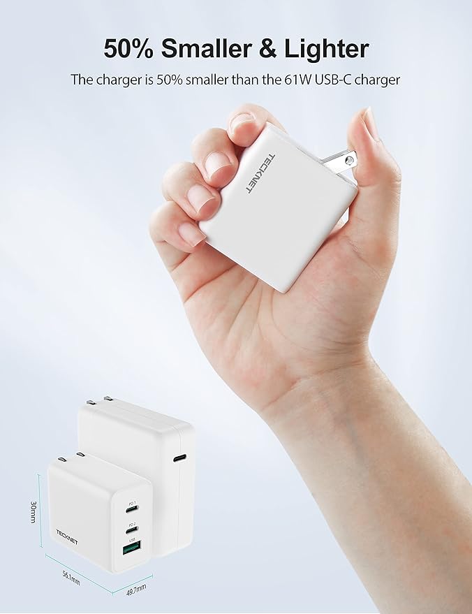 TECKNET 65W GaN Wall Charger PD 3.0 USB-C Fast Charger,3-Port Foldable Travel Adapter for iPhone 16 Pro Max/16 Pro/16 Plus/16/15/Galaxy S24/S25/MacBook Pro/Switch and More Series(White)