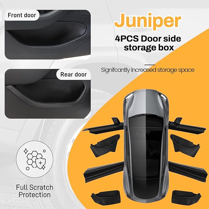 Juniper Door Side Storage Organizer 4PCS Compatible with Tesla Model Y Juniper 2025 2026 TPE Full-Cover Front and Rear Door Pocket Liners Slot Tray Mats Organizer Compatible with Model Y Juniper